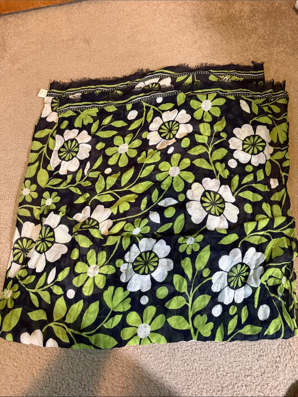 Vera Bradley Black Floral Scarf with Green and White Blooms